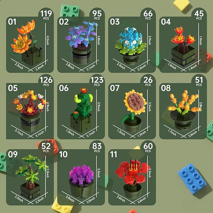 Flower Building Set for Adults Women (987 Piece) - 12Pcs/Set Mini Succulents Plant Bonsai Model for Home Decor Botanical Collection Blocks Toy Gifts for Building Blocks Lover