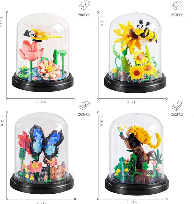 Insect Flowers Collection Micro Building Toy Set with Dust Cover Flower Plants Bug Botanical Set for Nature Decor Bug Building Office Home Decorative Plant Decor Birthday Gift for Adults Kids
