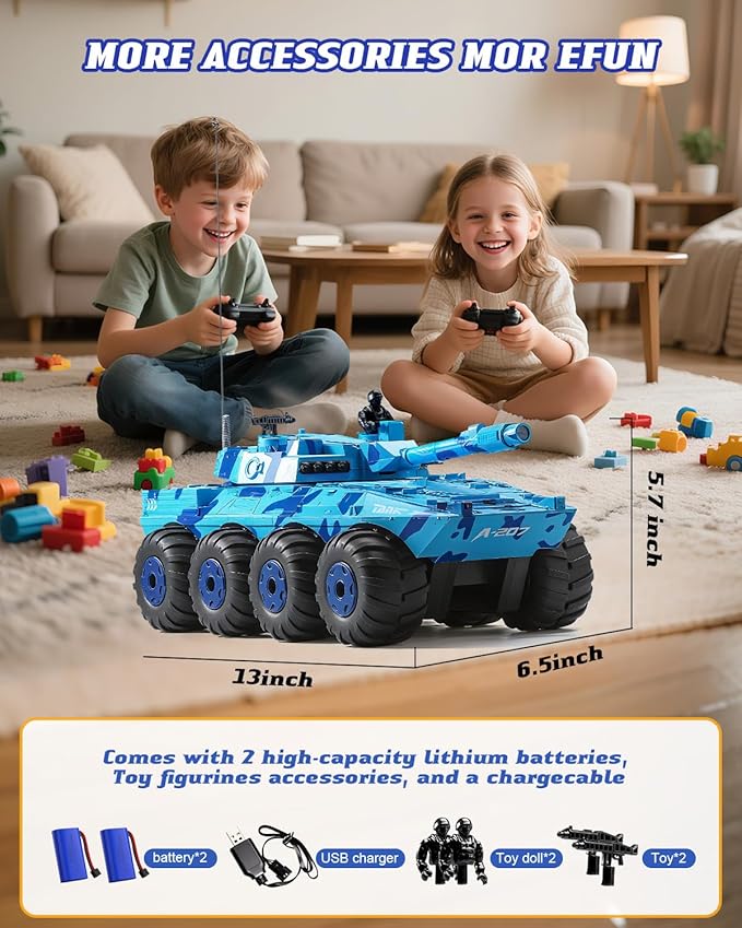 RC Tank Amphibious IFV Remote Control Truck Toy for Kids 5-12 40+ Min Playtime 2.4Ghz Waterproof Off-Road Crawler with Manually Rotating Turret (Blue Camouflage)