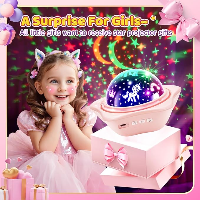 PIKOY Night Light for Kids 90 Modes+6 Films+Dimmer+Timer+Remote Kids Night Light Projector Rechargeable Built-in Battery+360° Silent Rotation Butterfly/Princess/Mermaid Room DecorGirl Toys/Gifts