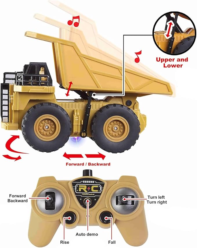 Remote Control Dump Truck 2.4Ghz 6 Channel RC Construction Vehicle Toy with Lights Music Electric Transport Garbage Truck Toys for Teen Birthday Gift