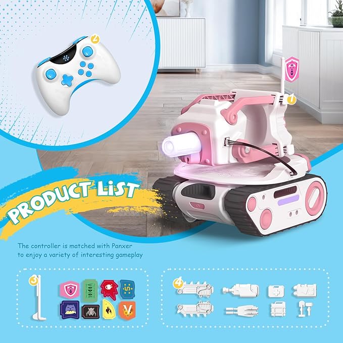 ENERGIZE LAB Panxer - RC Battle Tank Compatible with Eilik Robots Blue/Pink/DQ/Sliver Crawler Car Toys with LED Lights and 2.4Ghz Remote Control Single and Multi-Player Party Play Mode (Pink)