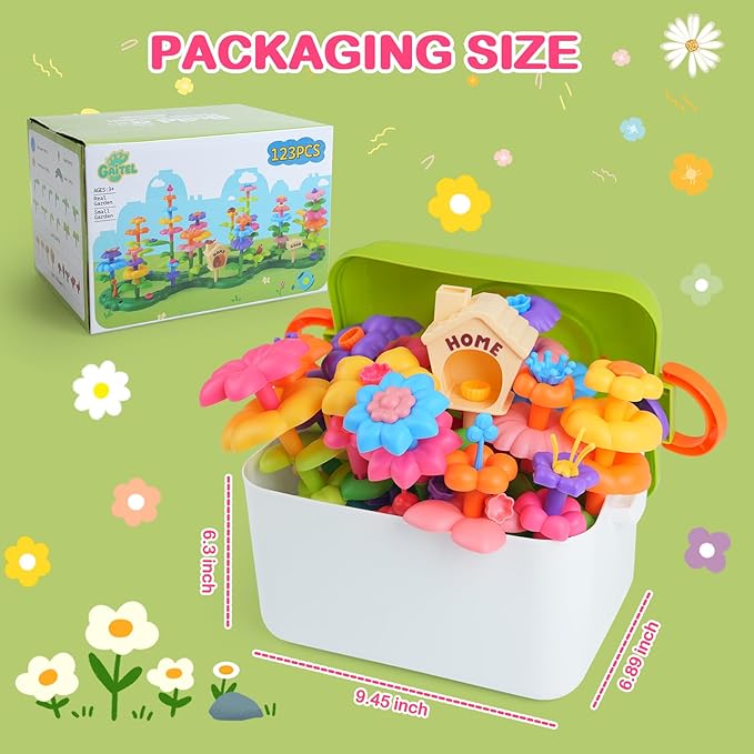 Flower Garden Building Toys for 3-7 Year Old Girls - Best Birthday Gifts for Toddler Ages 3-5 5-7 Educational Kit with 120+ Pieces Stacking Pretend Play Set for Preschool Kids
