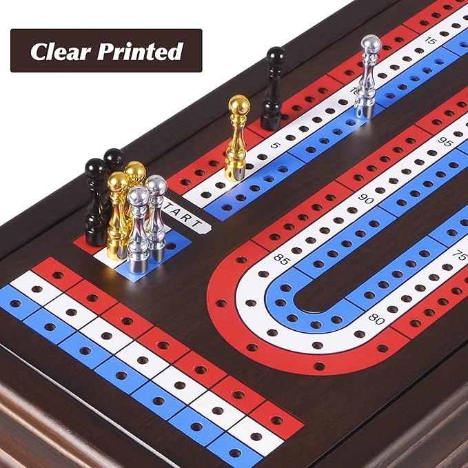 VAMSLOVE 16'' Cribbage Board Game Set Wooden 3-Track Scoreboard with Large Slots for Storing 2 Playing Cards and 9 Metal Pegs Travel Family Game Night (Instruction Included)