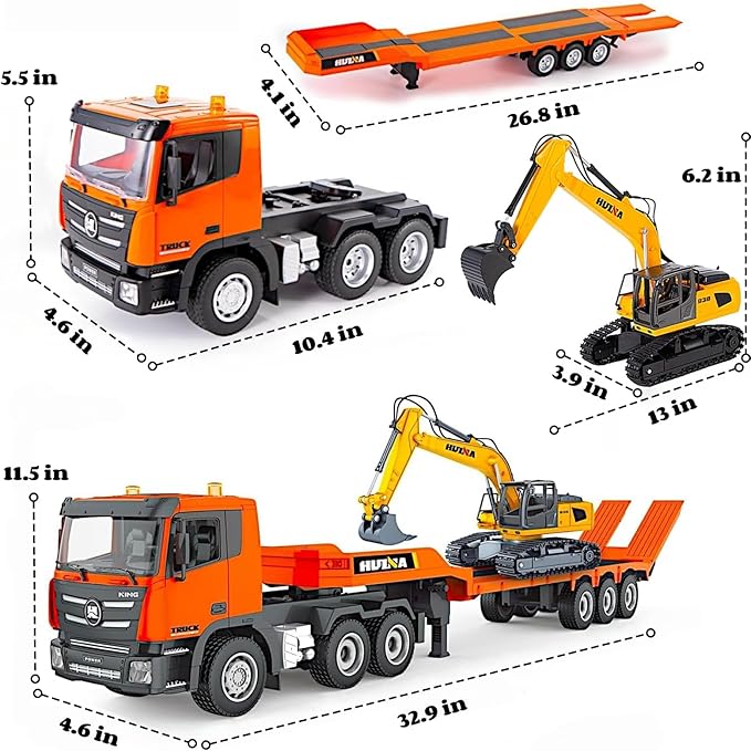 RC Semi Truck &amp RC Excavator Set 1:24 Scale Remote Control Flatbed Truck with Detachable Trailer 2.4GHz RC Semi-Trailer Construction Vehicle with Sound and Light