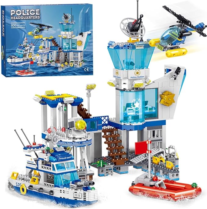 MindBox Police Station Building Blocks Set 800pcs Building Toy with ShipBoat &amp Helicopter for Boys 8+