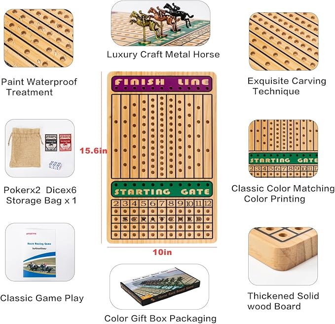 Horse Race Board Game with 11 Luxury Metal Horses 4 Dice 2 Card Boxes and Thickened Wood Game Board for 2-11 Players Family Party for Adults Teens &amp Kids Horse Racing Game