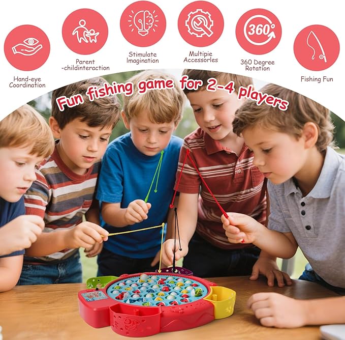 Fishing Games for Kids with 45 Fish and 4 Poles-Fishing Toy for Toddlers with 360° Rotation Board&ampMusic1-4 PlayersAges 3+