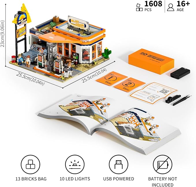 FUNWHOLE City Gas-Station Lighting-Building-Bricks Set - Road Trip Modular Car Service Station Collection LED Light Building Set 1608 Pcs for Adults Teen and Travelling Enthusiasts