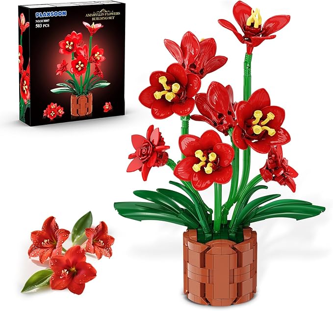 Amaryllis Flowers Bonsai Building Set Easter Botanical Collection Building Block Artificial Plant Kit Home Decor 503 PCS Flower Bouquet Bonsai for Her Adults Kids Boys Girls 12+