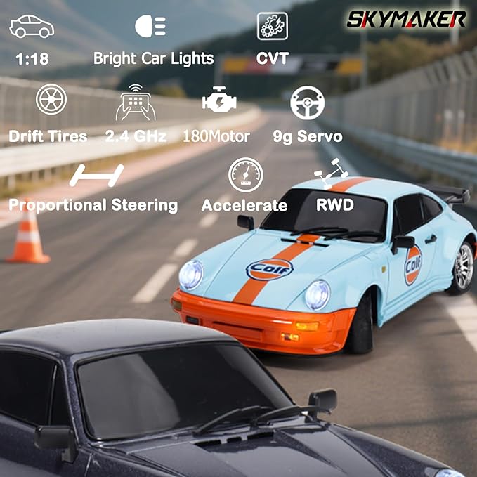 Skymaker Posche 911 RC Drift Car 1/18 RWD Drifting with Extra Metal Tires &amp Wheel Hex Hub RC Cars for Adult with Alloy Car Shell 2.4Ghz Remote Control with Gyro (Purple)