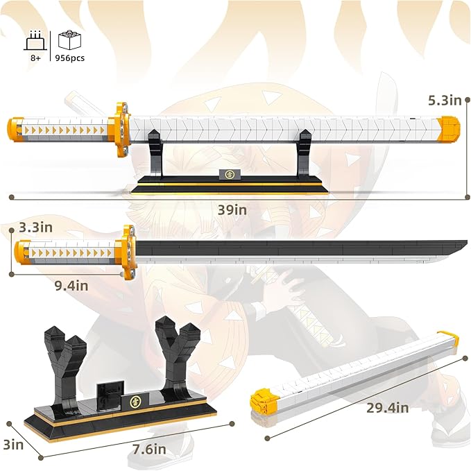TOY PLAYER Demon Sword Toy Building Set Agatsuma Zenitsu Sword with Scabbard and Stand-Compatible with Lego Sets for Adult Gift for Anime Fans (956 Pcs)