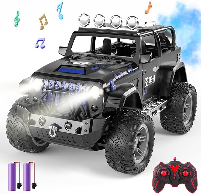 1:16 Remote Control Car with Spray Lights and Sound 2.4GHz Remote Control Jeep for Kids All Terrain Off-Road Jeep RC Car Toys Gift for Boys and Girls
