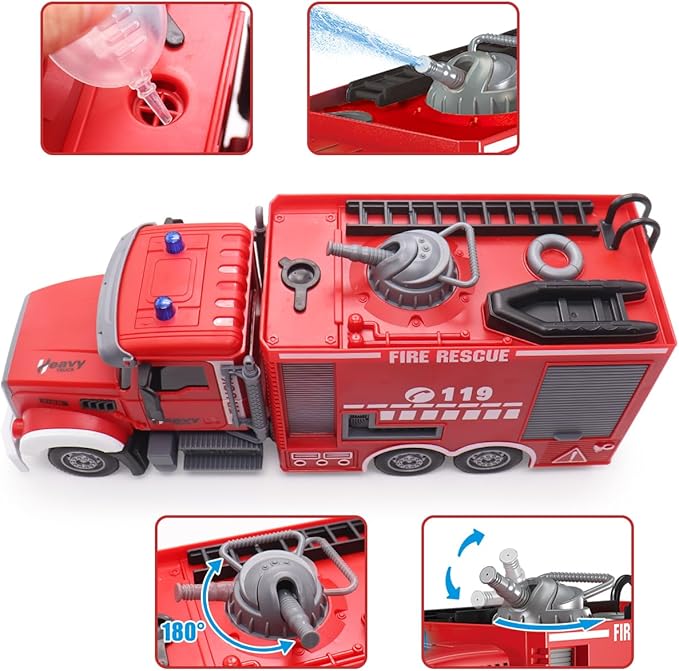 RC Fire Truck Toy - Remote Control Toy Fire Truck - Rescue Fire Engine 11 CH with Rotating Water Spraying Pump Lights Sounds 2.4G Firetruck Toy for Kids Boys