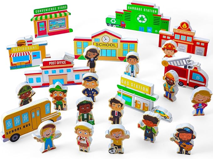 50 Pcs Wooden Community Helpers Play Set Community Includes Little Wooden People Buildings Cars Multicultural Figurines Toy Preschool Little Professionals Block Character(Stylish)