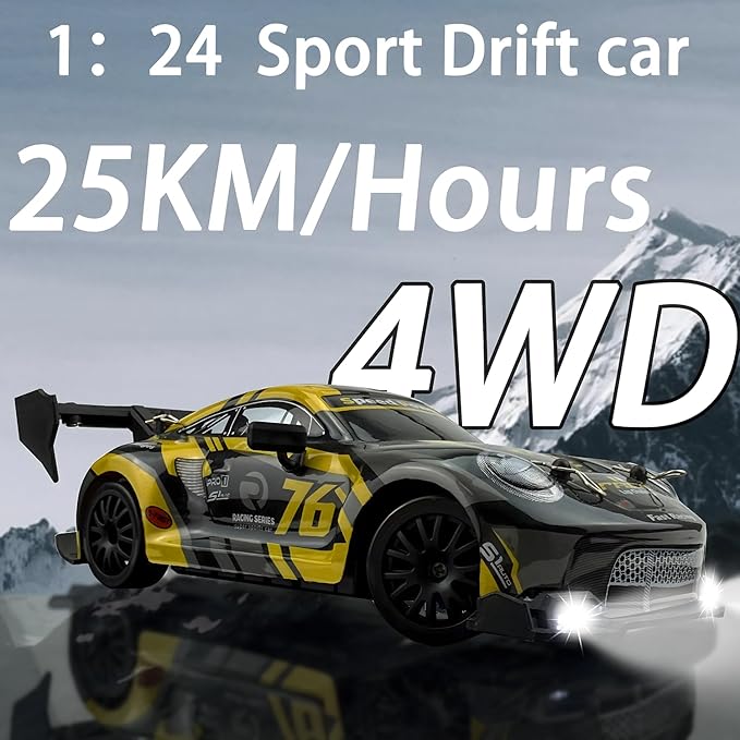 1:24 RC Drift 2.4GHz with LED Light Race Car Toys for Boy Girl 8-12 Years Old Speed Adjustable 25Km/HHigh Speed RC Racing Cars Perfect Toy Gift for Boys &amp Girls (Yellow)