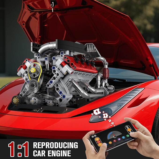 HIGH GODO Ideas V8 Engine Building Kit That Works Build Your Own MOC Mini V8 Engine Model Toy for Display STEM Toys Gifts for Teens Adults 14+ (700 PCS)