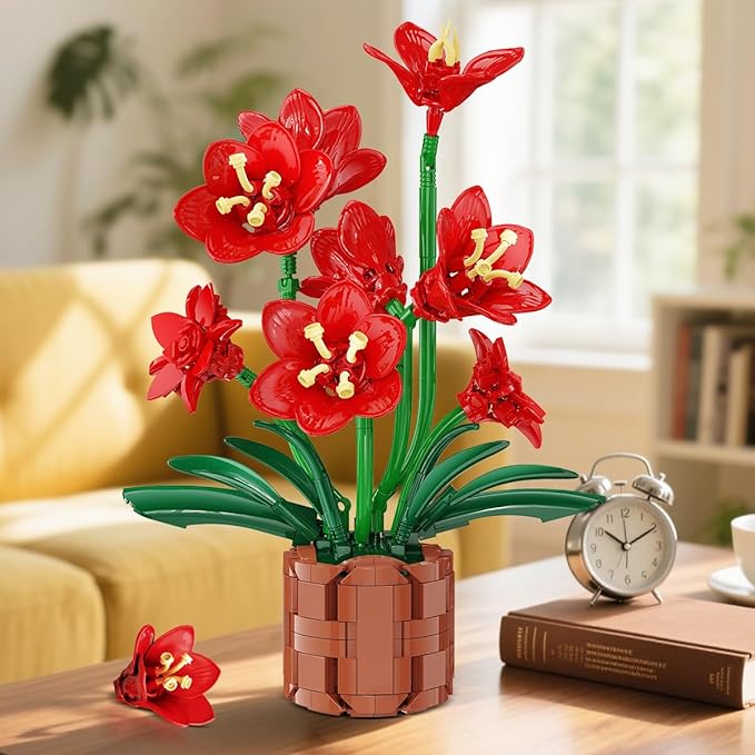 Amaryllis Flowers Bonsai Building Set Easter Botanical Collection Building Block Artificial Plant Kit Home Decor 503 PCS Flower Bouquet Bonsai for Her Adults Kids Boys Girls 12+