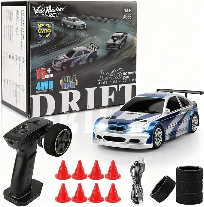 [2026 New Upgrade 1/43 Scale Mini RC Drift Car with Gyroscope Toys for Age 8-14 Old Birthday Gifts Micro Small with Full Proportional RTR 2.4GHz Remote 2 Tire Sets 8 Cones - Blue