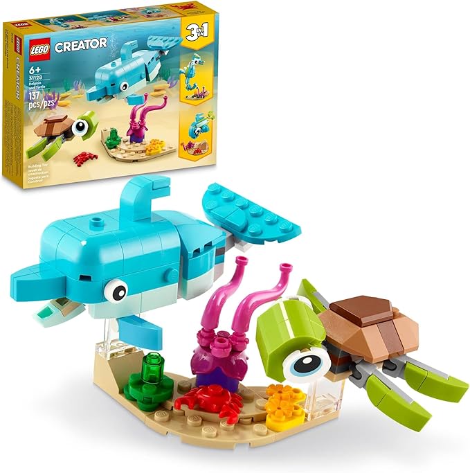 LEGO Creator 3 in 1 Dolphin and Turtle Toys for Kids Transforms to Seahorse and Sea Snail or to Swimming Fish and Crab Toy Sea Animal Figures Building Set for Kids 6 Plus Years Old 31128