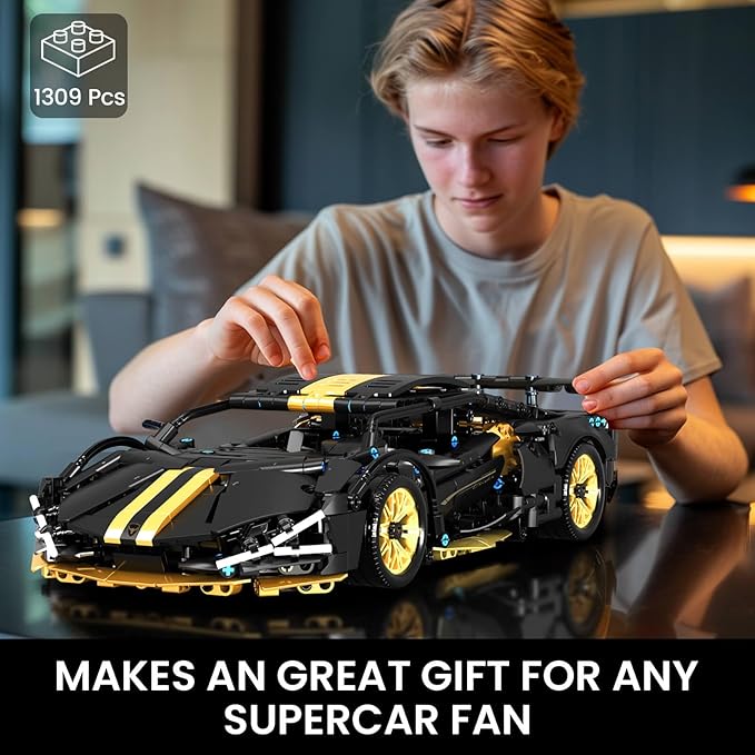 GEVINST Collectible Sports Race Cars Building Set with LED Lights Model Car Kits for Boys 8-12 and up Adults 1:14 Scale Black Gold Supercar Gifts (1309 PCS)