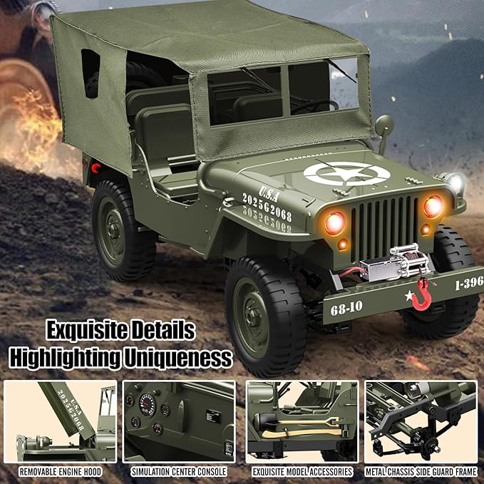 RC Jeep 1/10 Scale Willys Hobby RC Car Off-Road Military Crawler 2.4Ghz Military Truck 4WD RC Crawler with Light Tarpaulin Metal Shaft 4x4 Off Road Vehicle RTR Jeep Car 2 Batteries
