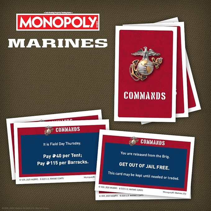 Monopoly: Marines 250th Anniversary Edition Celebrate 250 Years Buy Bases Worldwide and Upgrade with Tents &amp Barracks Play as Tokens: Combat Boots Bulldog &amp More Officially Licensed Merc