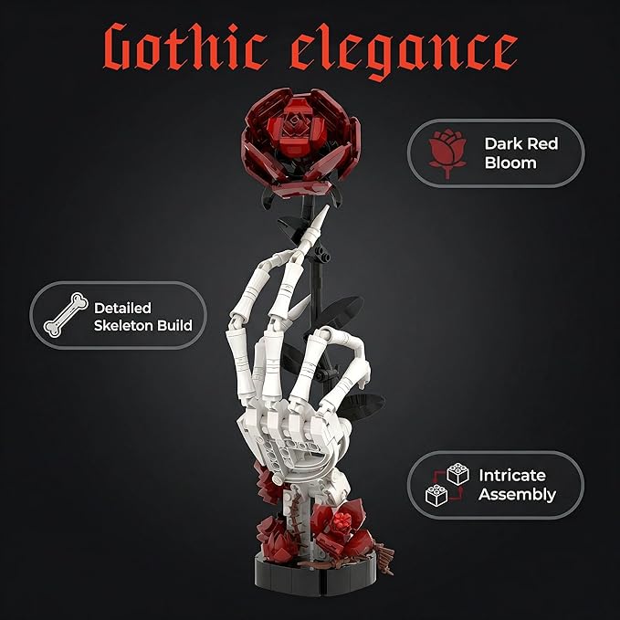 Gothic Skull Hand Red Rose Bouquet Building Set Gothic Horror Decor BotanicalBotanical Collection Kit for Adults and Women Valentine's Day Gift Gothic Romantic Horror Skeleton Home Table Decor