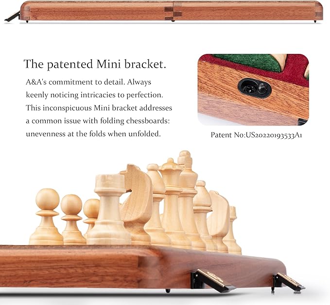 A&ampA Premium Folding Chess Board Game Set 15 Wooden Chess Board &amp 3 King Height Staunton Chess Pieces with 2 Extra Queens Portable Travel Chess Set (Natural Mahogany 15 Inches)