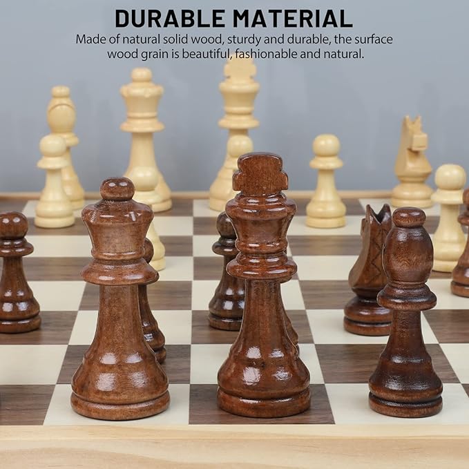 LEAP Wooden Chess Set 17 Inches - 2 Extra Queens - Folding Board Raised Edge Handmade Portable Travel Chess Board Game Sets with Game Pieces Storage Slots - Chess Set for Adults and Beginner