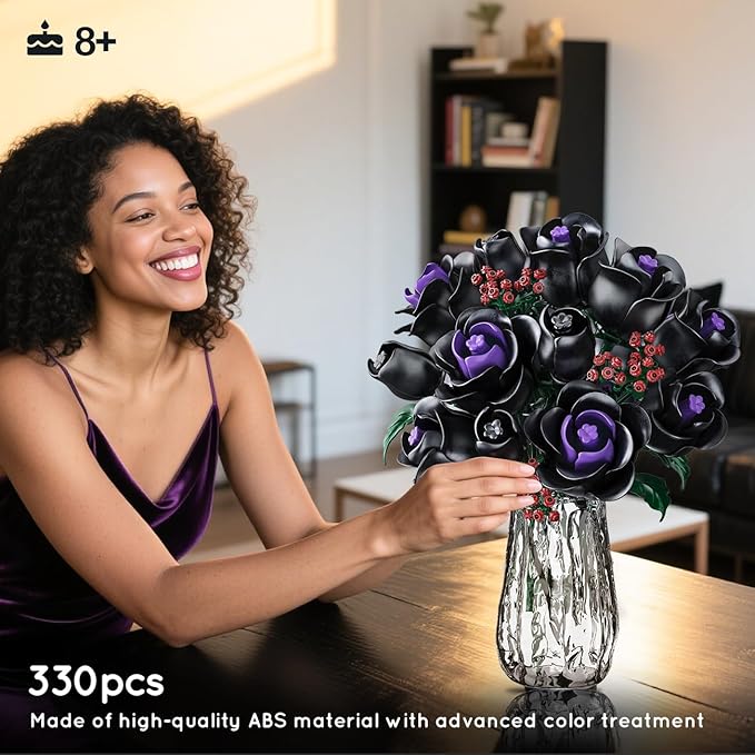 HOGOKIDS Flowers Bouquet Building Set - 15 Black Roses Botanical Collection Building Blocks Artificial Flower Toy 330PCS Gothic Home Decors Easter Gift for Her Girlfriend Wife Adults Teens Kids 8+