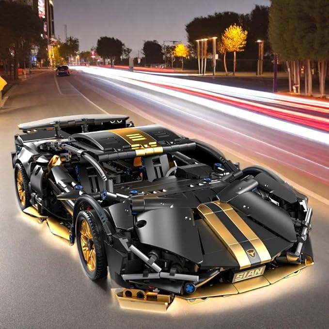 Sport Race Car Building Block Sets for Adults BoysBlack Technical Racing Supercar Toys Kits with LED Light Collectible 1:14 MOC Model Construction Birthday Gifts for Teens Age 8-12 8-1414+