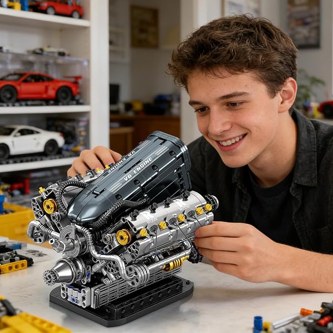 Reobrix V6 Engine Building Block Sets for Adults 33013 Mechanical Building Toy V6 Engine Model Kit Technic Engine Gift for Adults Art Decor for Home Office (1268PCS)