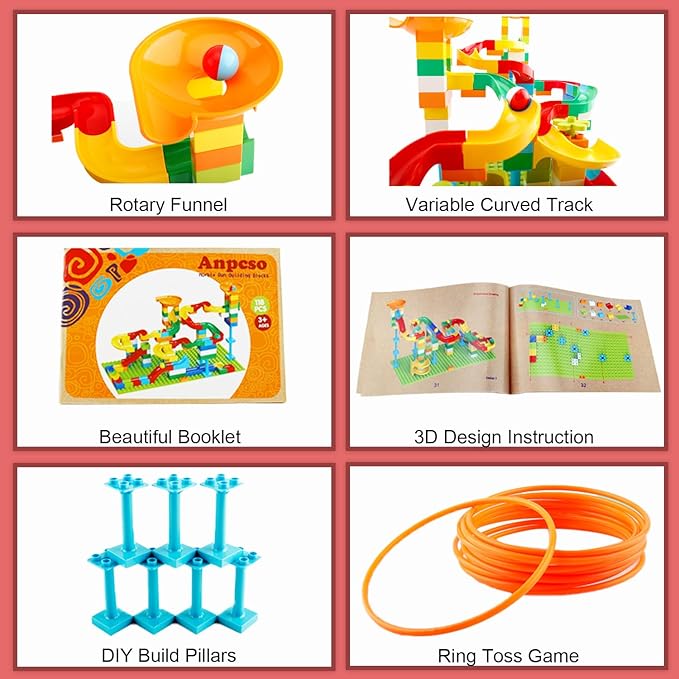 Marble Run Building Blocks for Kids Age 3-8 128 Pcs STEM Building Bricks Set with Toss Ring Game Educational Learning Toys for Toddlers Boys Girls Gifts- Compatible with All Major Brands