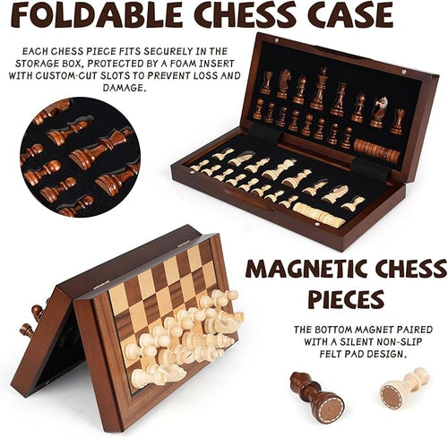 2 in 1 Magnetic Wooden Chess and Checkers Board Game Set 12 Folding Chess Boards Portable Travel Chess Sets with Pieces Storage Slots Beginner Chess Game Set for Kids and Adults