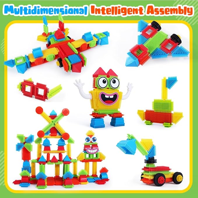 teytoy 200Pcs Building Blocks Toys Bristle Shape Building Blocks Set STEM Interlocking Construction Learning Toys for Kids Ages 3+