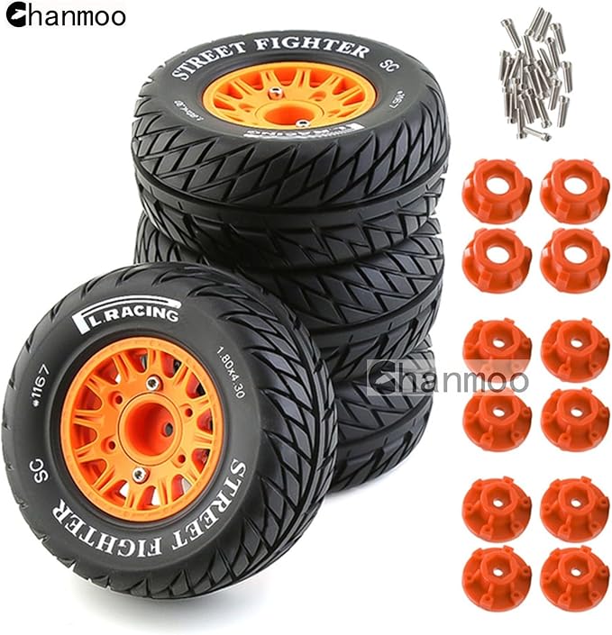 1/10 RC Short Course Truck Tires And Wheels With 12mm 14mm 17mm Hex 113mm 1/8 Rubber Tyres For 1/8 or 1/10 Scale On Road Car HSP Sonic 94102 GT PTG-2 Tamiya TT02 RC Racing Car 4PCS (Orange B)