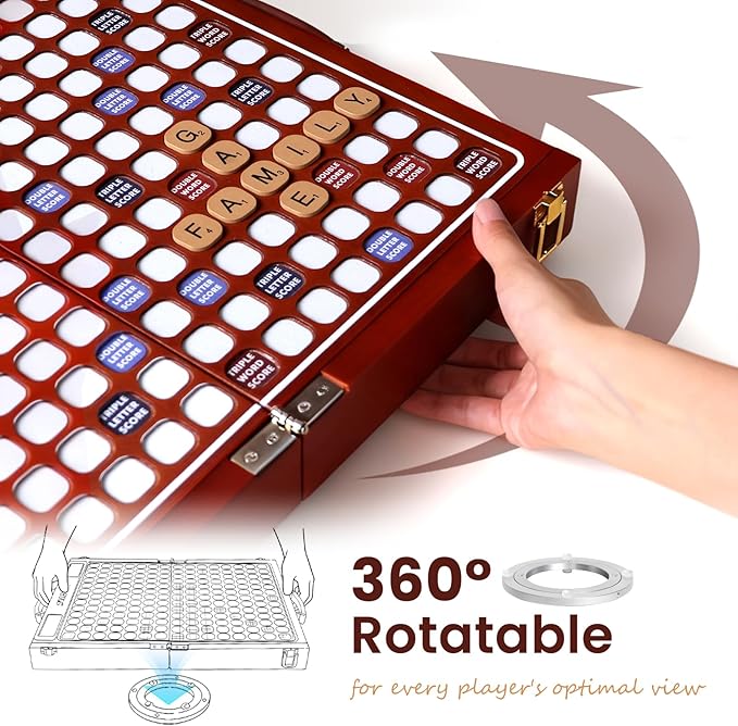 Deluxe Crossword Board Game with Rotating Board Foldable &amp Portable Design Large-Sized Board Built-in Storage for 2-4 Players Includes: Letter Tiles Wooden Racks Scorepad Set Hourglass