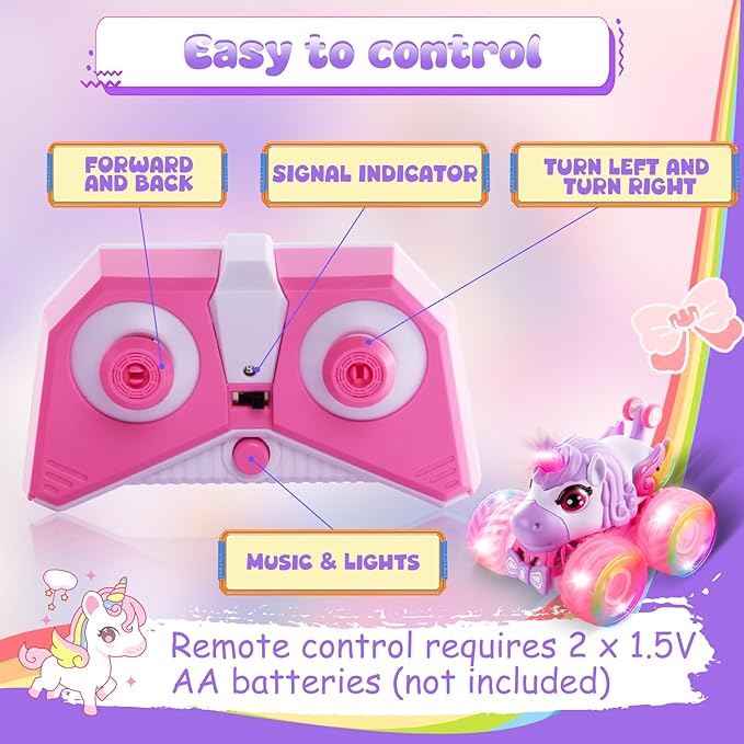 Remote Control Car Unicorn Monster Trucks for Girls 360° Rotating 4WD Stunt RC Cars with LED Lights and Music 2.4GHz Toy Various Terrain Pink RC Cars Birthday Gifts for Kids Girl Age 3-12 (LY-023)