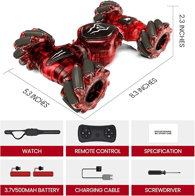 Tecnock Remote Control Car for Boys Girls 2.4GHz 4WD Gesture Sensing RC Stunt Car Toys - 360° Rotating Double Sided Hand Controlled RC Cars with LED Lights Gifts for Kids Ages 6-8 8-12