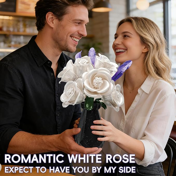 White Roses Flowers Bouquet Building Set with Vase 256 Pcs Artificial Botanical Collection with Purple Accents Floral Centerpiece Home Decor Gift for Adults
