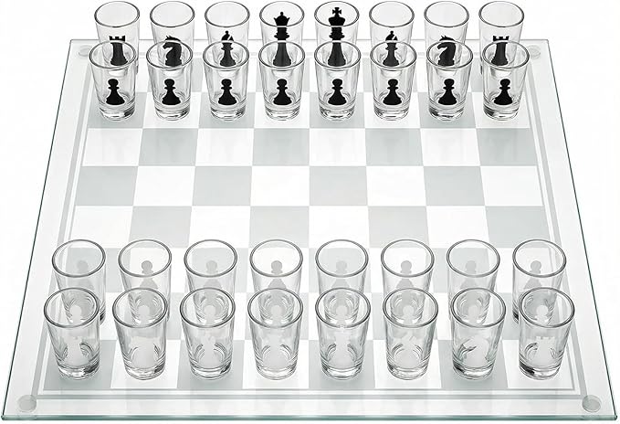 Shot Glass Chess Set 9.45-Inch Chess Board with 32 Mini 1.34-Inch Shot Glass Pieces Adult Drinking Chess Game for Parties Fun Novelty Gift