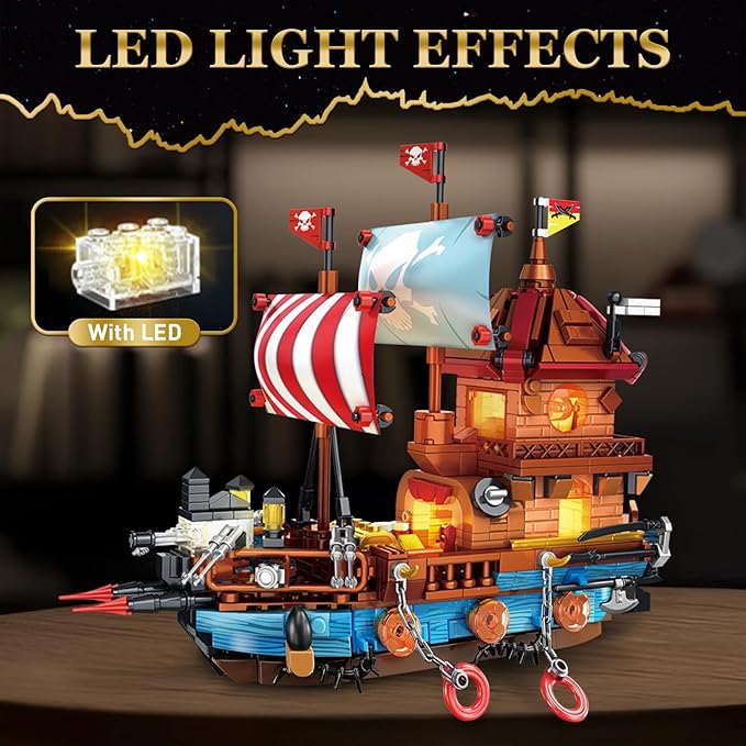 Pirate Ship Building Sets with Lights Creative Model Ship Boat Pirate Themed Toys Building Kits for Home Decor 916 Pieces Christmas Birthday Gift for Adults Teens 14+