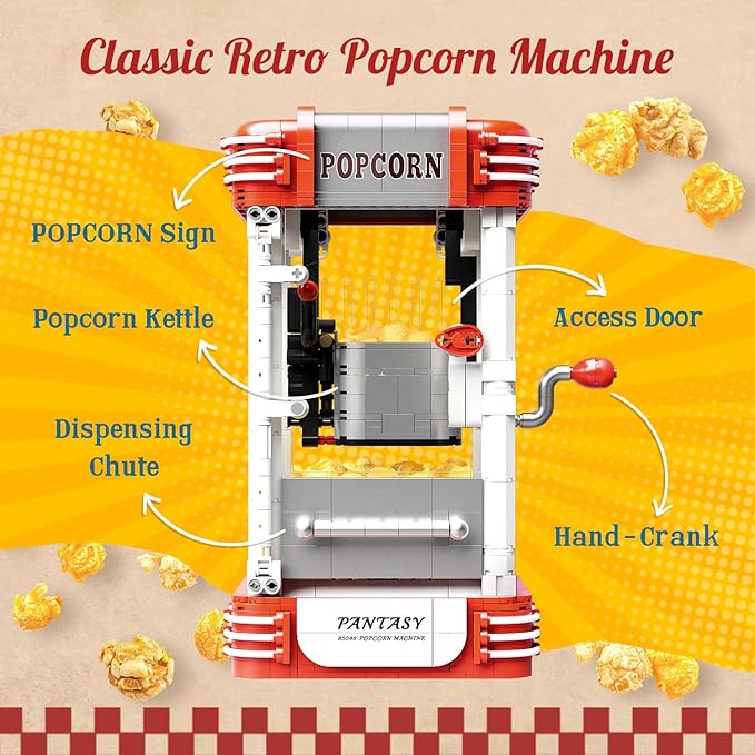 PANTASY Popcorn Machine Building Set Vintage Popcorn Maker Model with Interactive Crank Realistic Popcorn Pieces Character Figure and Collectible Display Design for Adults and Retro Lovers