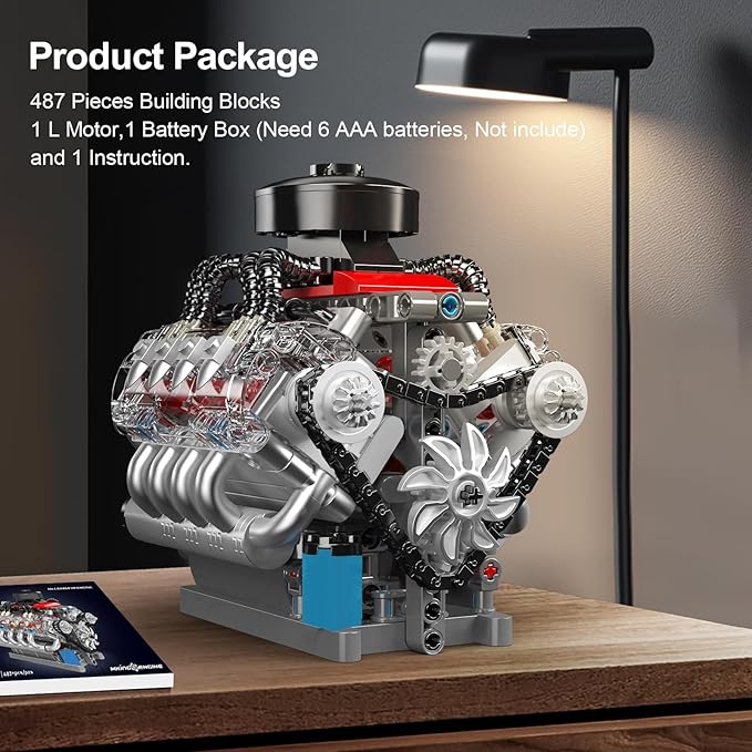 Mould King 10171 V8 Engine Model Kit That Works 8 Cylinder Car Engine with Motor Building Blocks Collectibles for Adults STEM Build Set (487 Pieces)
