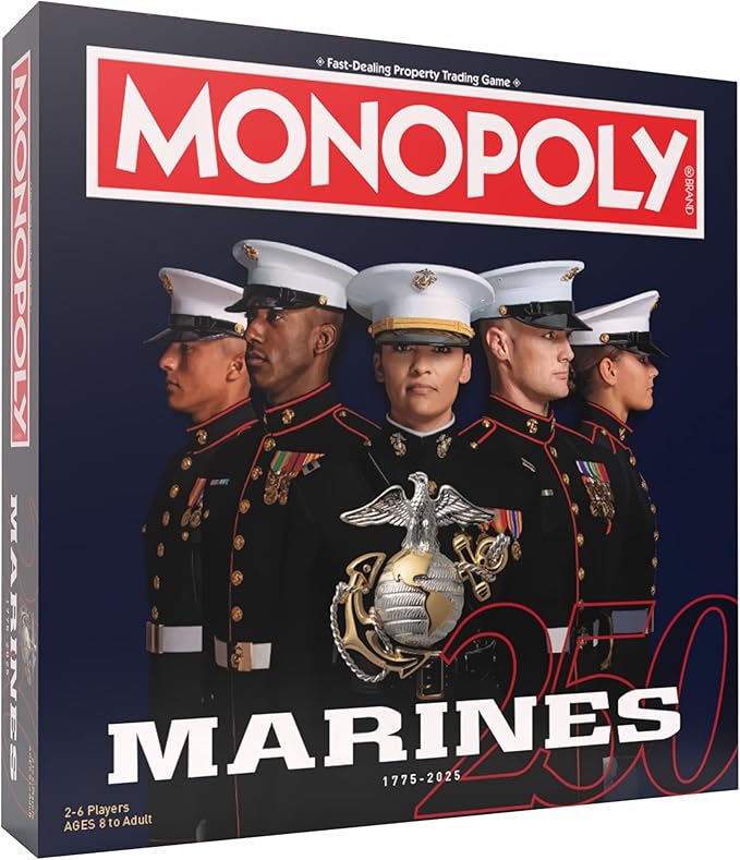 Monopoly: Marines 250th Anniversary Edition Celebrate 250 Years Buy Bases Worldwide and Upgrade with Tents &amp Barracks Play as Tokens: Combat Boots Bulldog &amp More Officially Licensed Merc