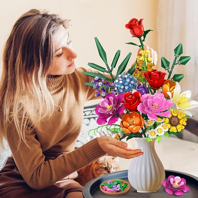 Flower Bouquet Building Set 1043 PCS Bouquet Botanicals Collection Easter Gift for Her Girlfriend Wife 15 Artificial Flowers Building Blocks Home Decor for Adults Kids Teens Women Birthday