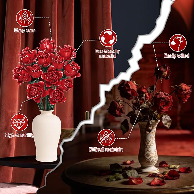 Gohero Red Roses Building Blocks Set (546PCS) - Lego Compatible Flowers for Adults Gothic Home Decor for Women &amp Teen Girls Making It an Ideal Gift for &amp Valentine's Day