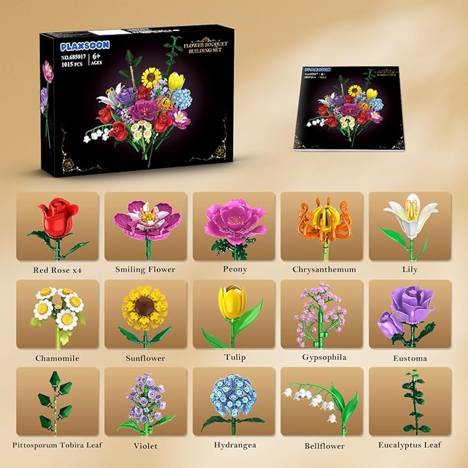 Flower Bouquet Building Set Easter 18 Flowers Rose Building Block Botanical Collection Building Block Toy Plant Home Decor 1015 PCS Gift for Her Adults Women Kids Boys Girls 12+