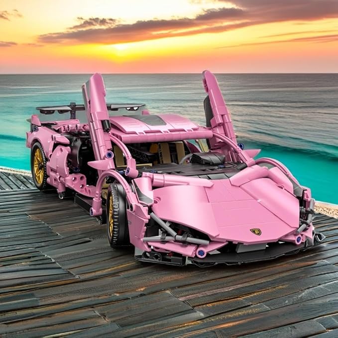 Sport Race Car Building Block Sets for Adults Pink Racing Supercar Toys Kits Collectible 1:14 MOC Model Construction Christmas Xmas Birthday Gift for Men Boys and Girls Teens Age 8-12 12-1614+